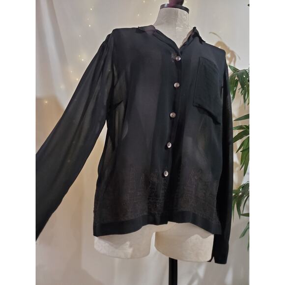 Vtg 90s Chicos Design Egyptian Hieroglyph Sheer Shell Button Blouse Sz 0 US S 4 - Picture 2 of 13